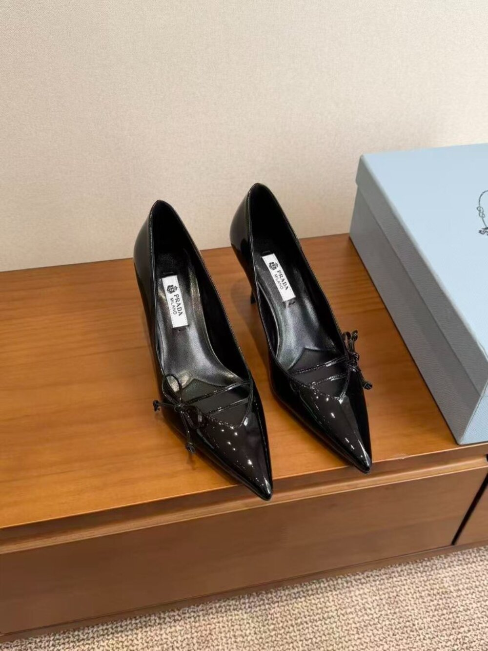 Prada Black Patent Leather Pointed Toe Mini Bow Kitten Heels